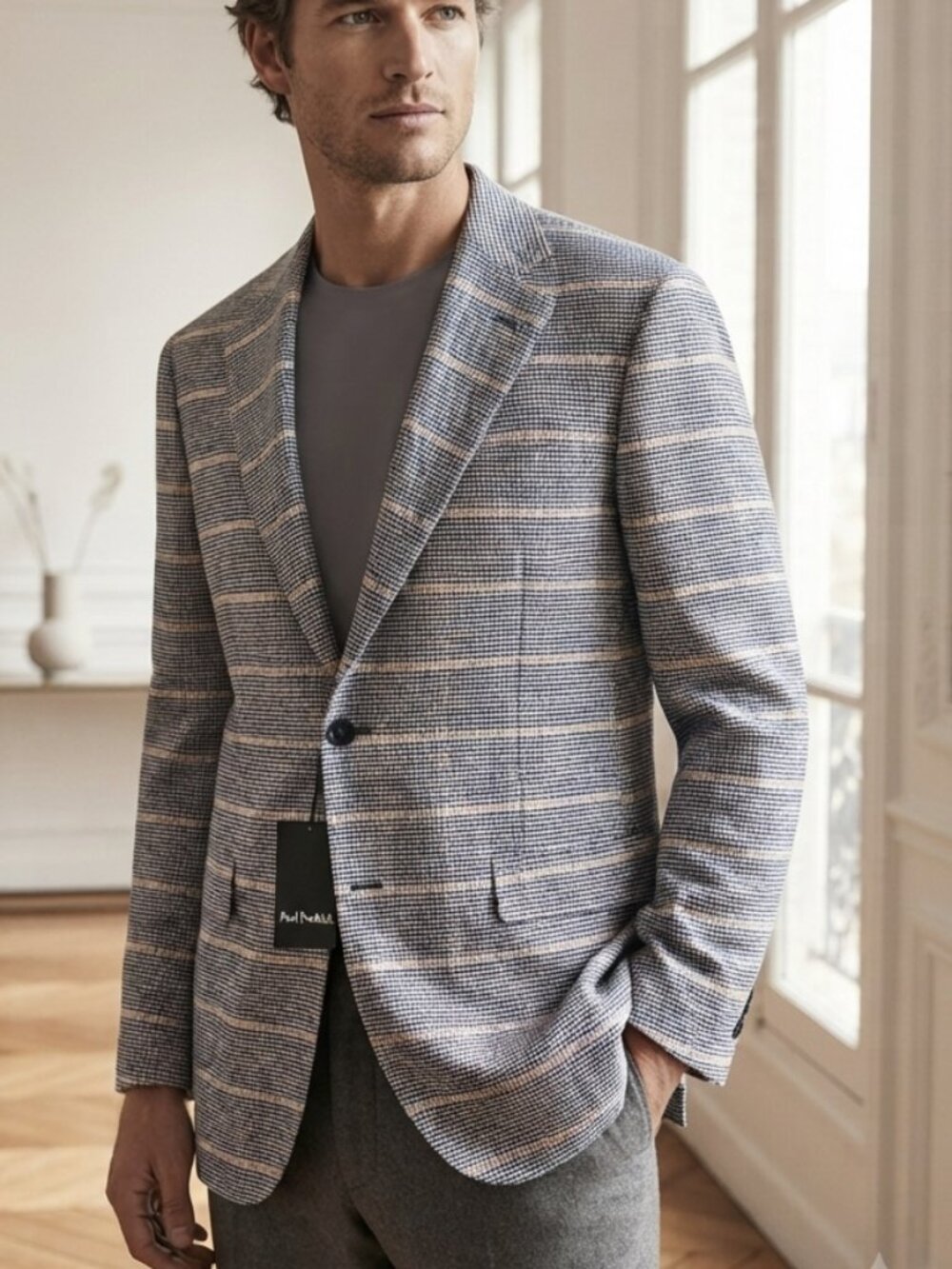 NWT Paul Fredrick Navy & Tan Plaid Blazer Men's 52L